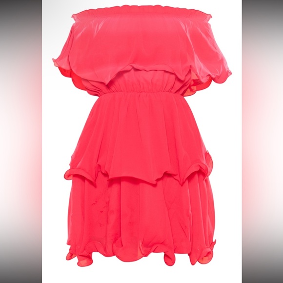 Prettylittlething black chiffon Bardot ruffle tiered dress - Picture 8 of 12